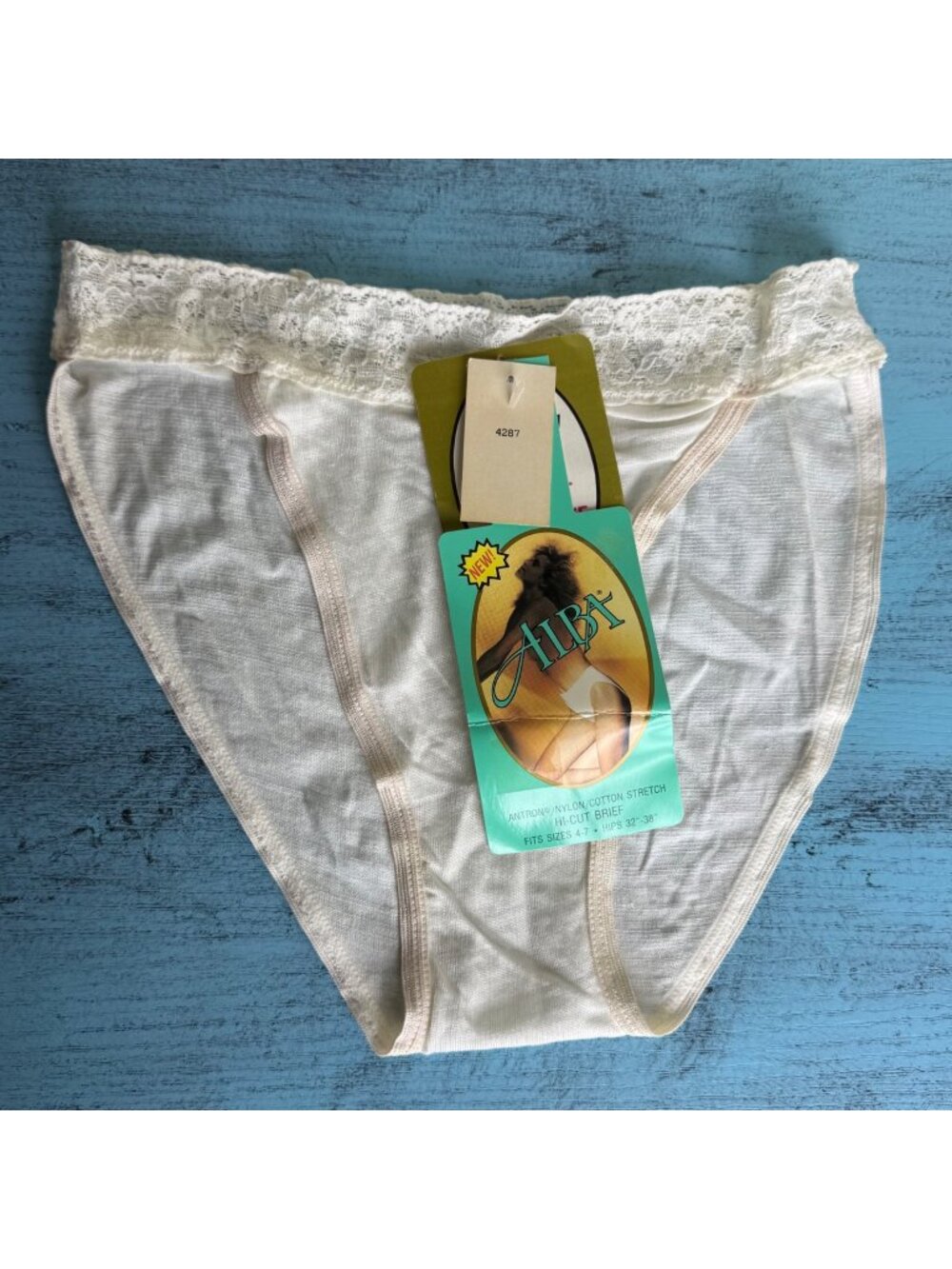 NWT Vtg 80s Alba Nylon/Cotton Lace High French Cut Panties Sz 4-7